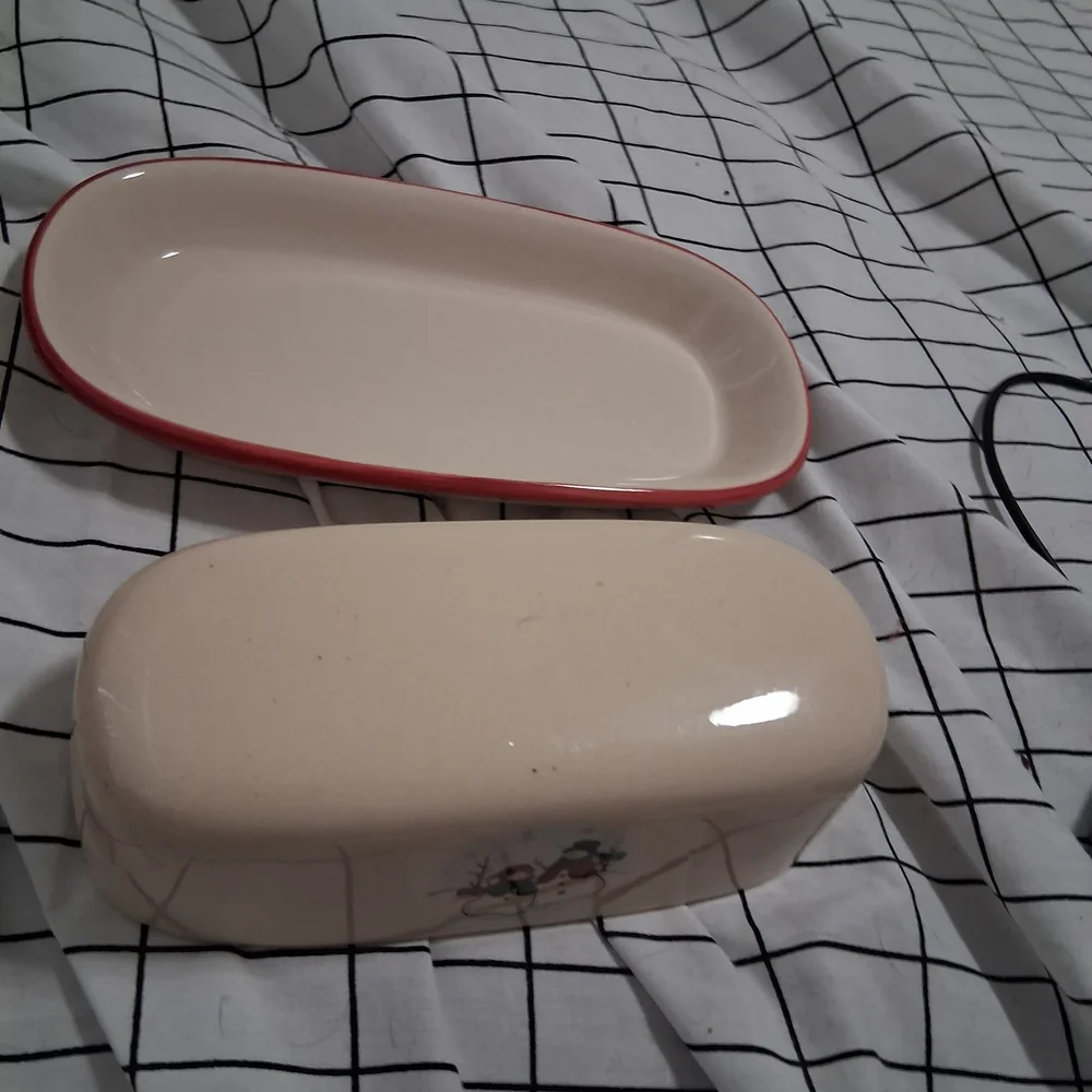 Cream and Red Butter Dish
